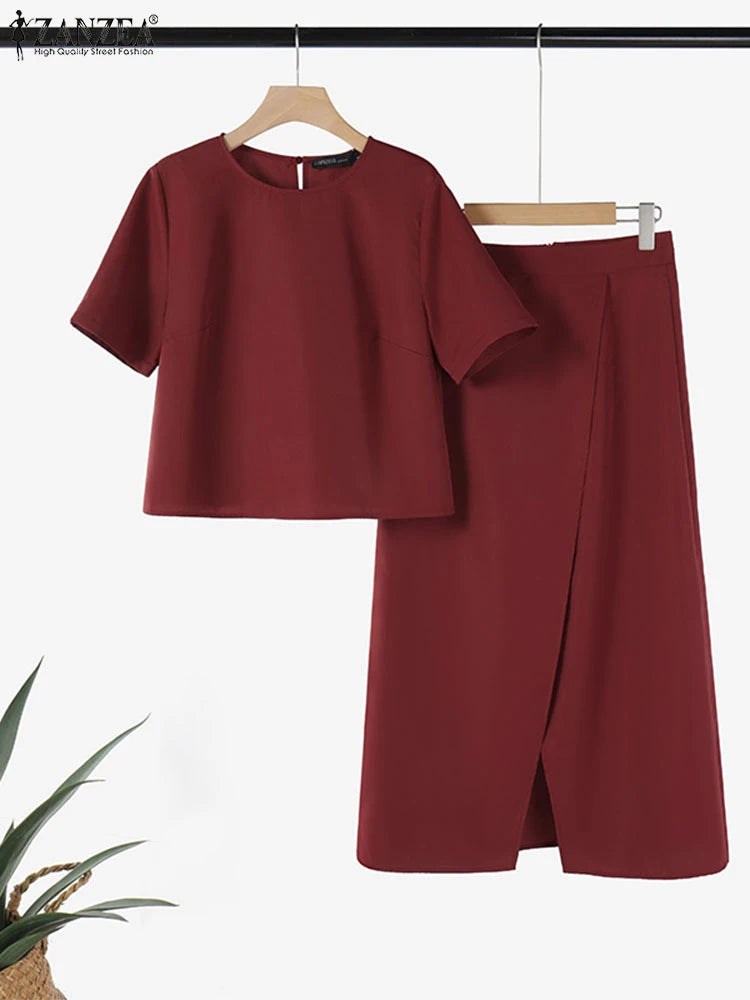 Maxy ZANZEA Casual Solid Matching Sets Vintage Short Sleeve Short Tops Outfits Holiday Fishtail Skirt Suits Women 2pcs Dress Sets
