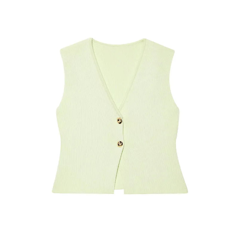 TRAFZA Women 2 Piece Set V-Neck Sleeveless Button Knitted Vest Top+Elegant Splicing High Waist Zipper Long Skirts Holiday Suits