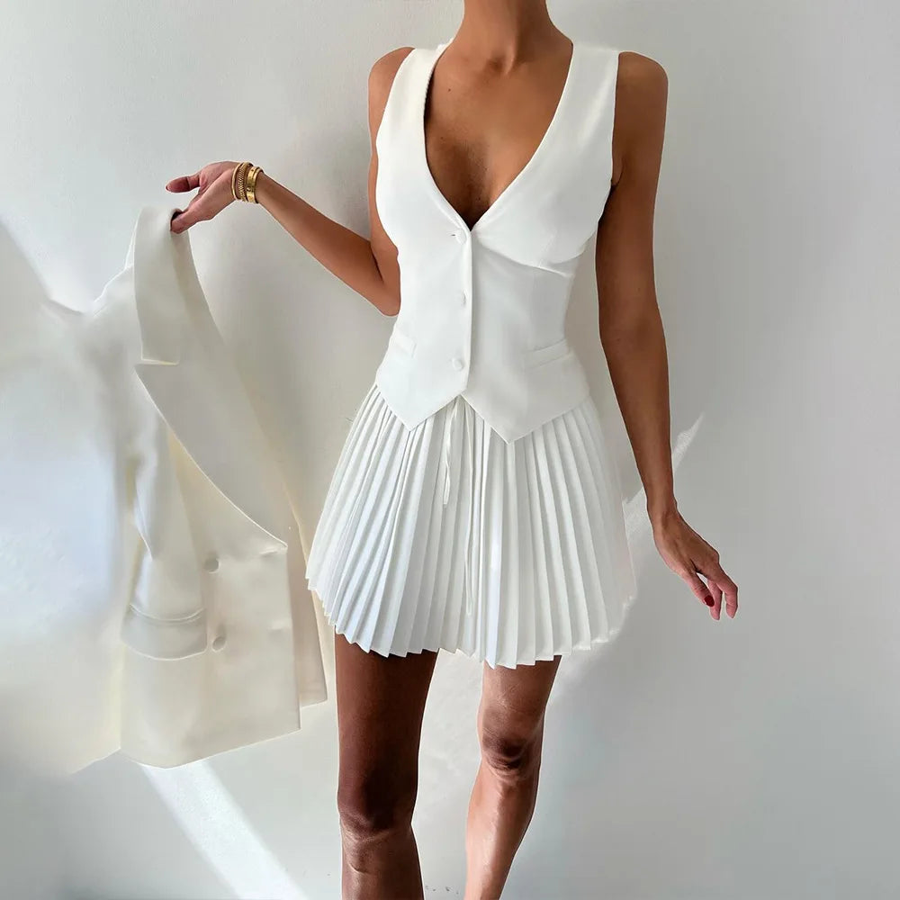 Maxy Women's Popular Skirt Two Piece Sets Women V Neck Single-breasted Vest Tops Pleated Curvy Chic Mini Dress Elegant Clothes Fall