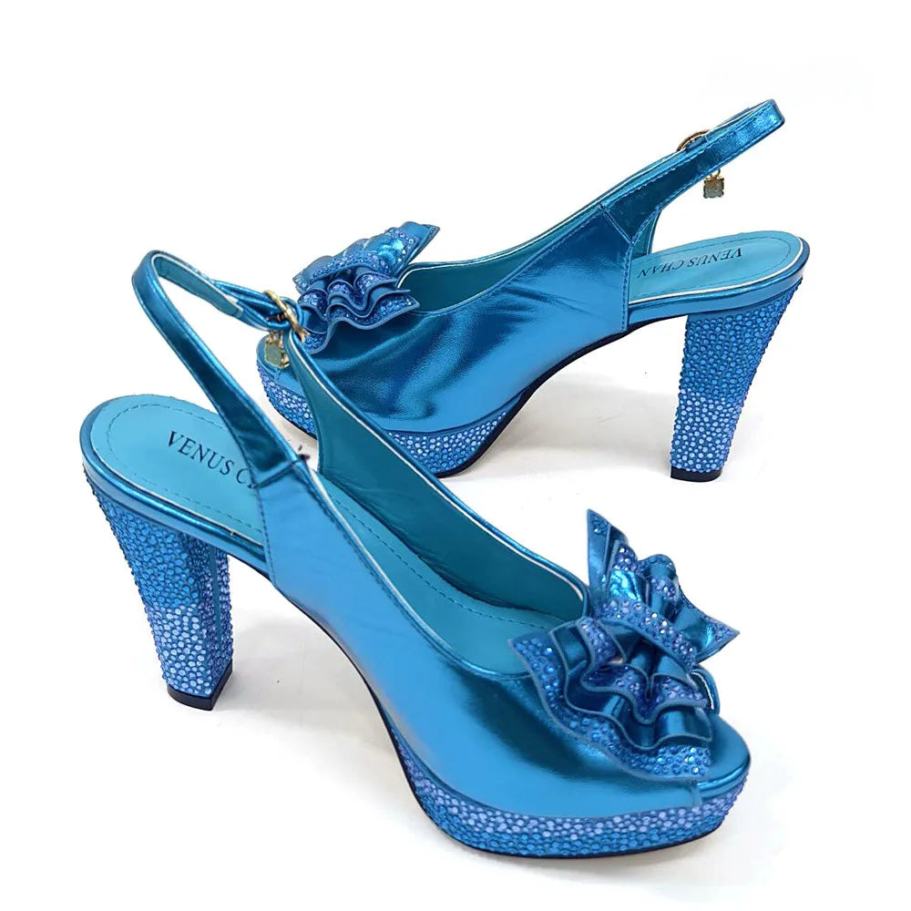 New Designer Specials Maxy Women Heels Shoes and Bag Set Sky Blue Color Comfortable With Rhinestone for Party