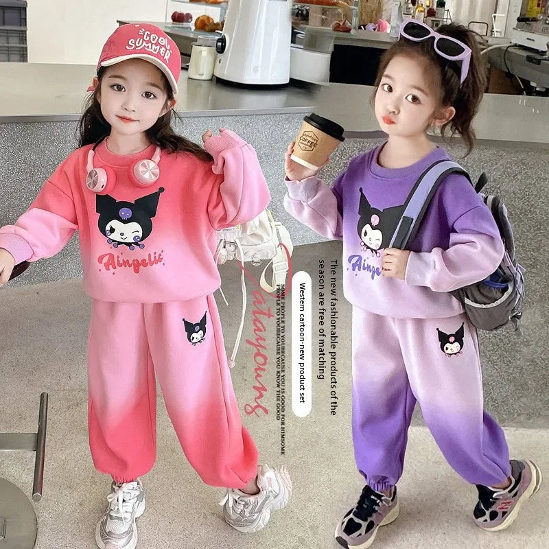 Maxy New Anime Sanrio Kuromi Cartoon Print Hoodies Sets for Girls Long Sleeved Top and Long Pant Children's Tracksuits Birthday Gifts