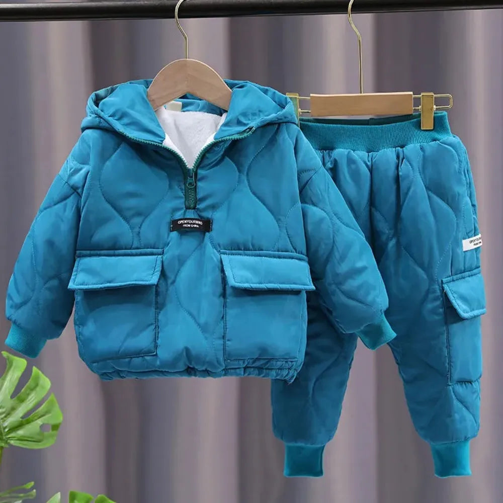 Winter Autumn Girl Boys Clothes Full Sleeve Solid Parkas Pants 2pcs/set Cotton Suits Children Clothing Toddler warm Tracksuits