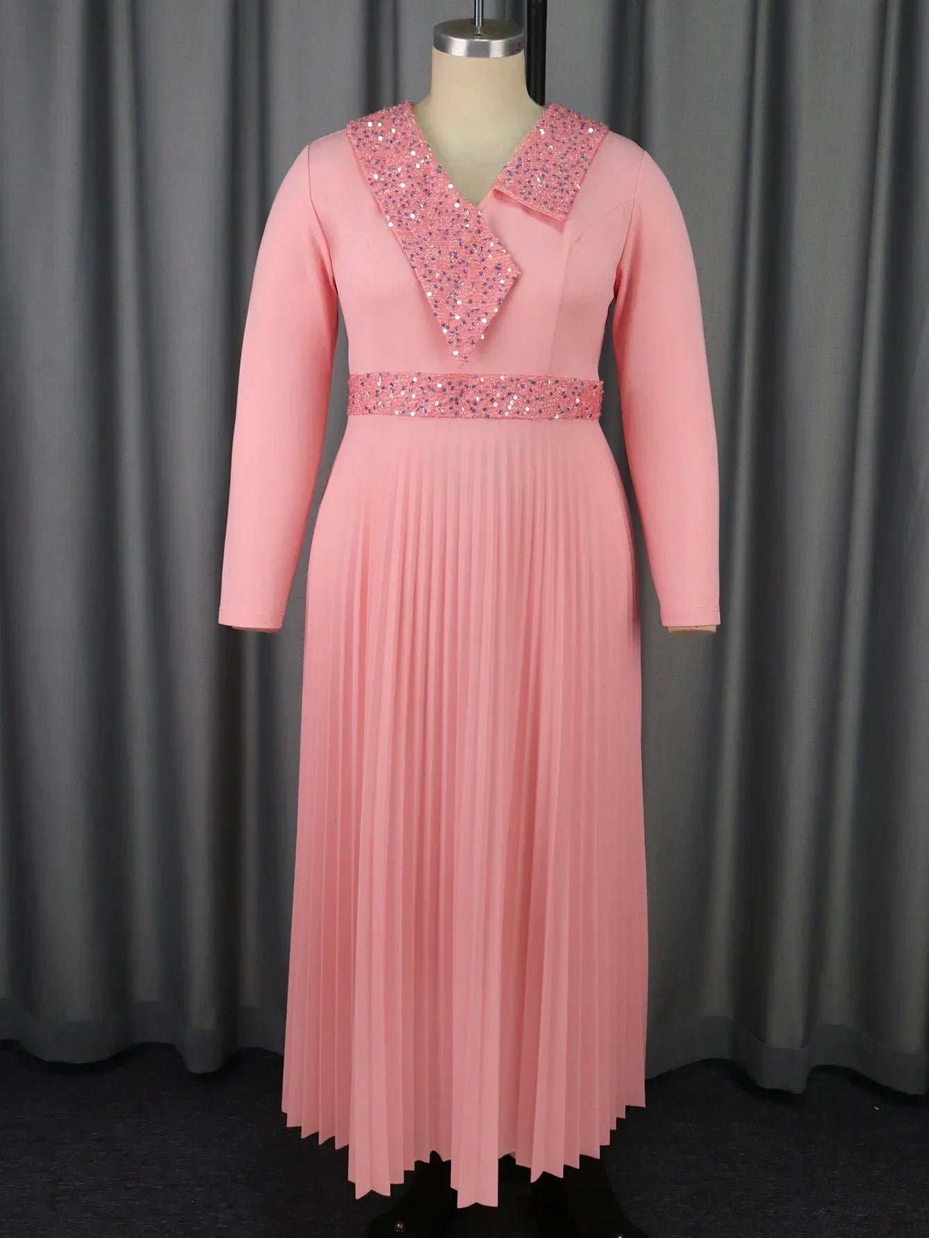 Amay Women Maxy Pleated Party Dress Sequined Irregularity Neck Long Sleeve High Waist Elegant Church Event  Gowns Plus Size New