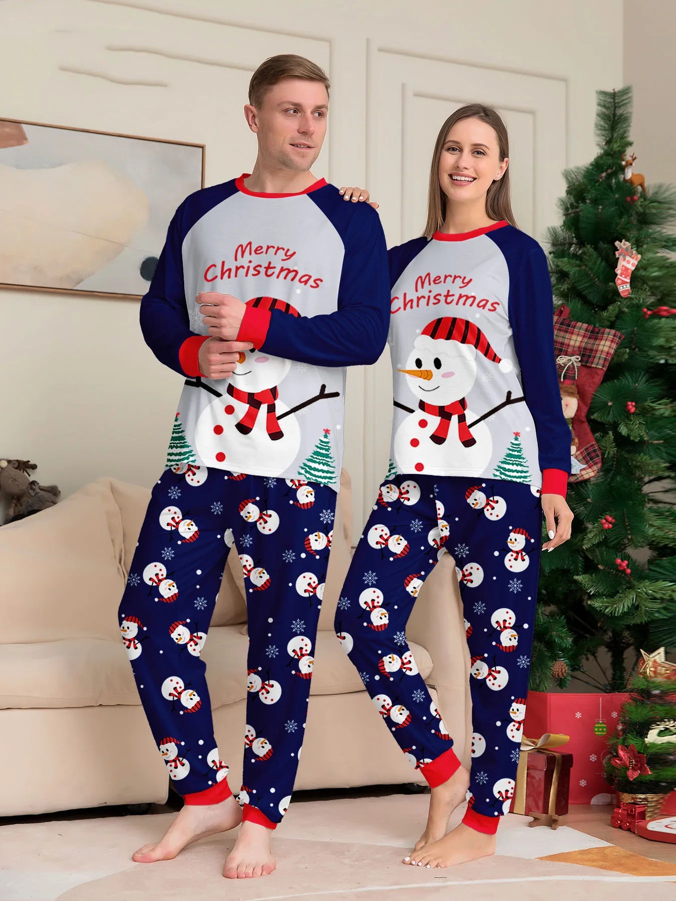 Christmas Pajamas Family Blue Cartoon Snowmen Printed Family Matching Christmas Pajamas Long Sleeve Christmas Pjs Set