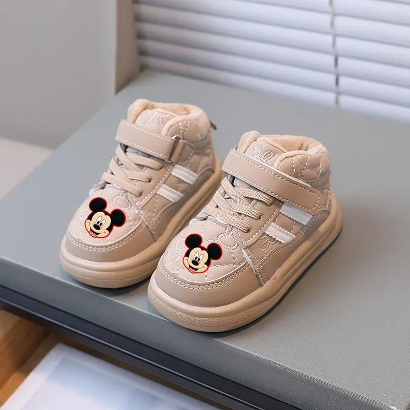 Maxy Disney Mickey Mouse Autumn and Winter Children's Casual Shoes Plus Velvet Warm Fashion High Top Board Shoes Boys Girls Sneakers