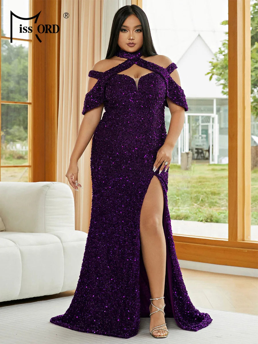 Momsey Plus Size Halter Sequin Split Floor Length Dress Elegant Party Dresses For Women