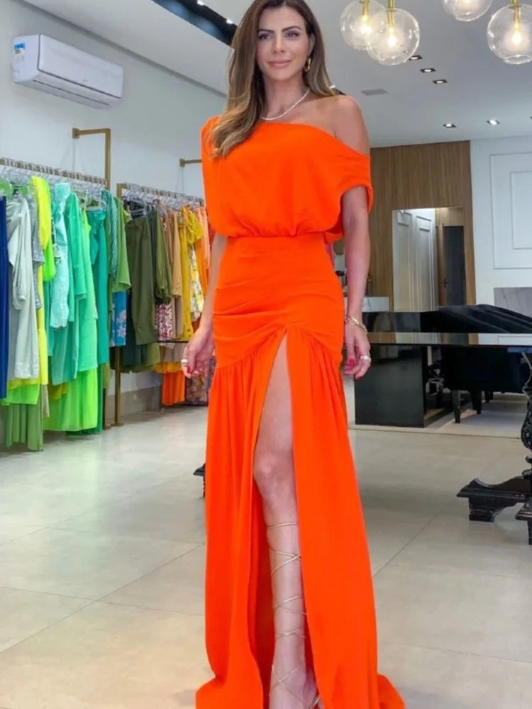 Maxy Elegant Women's Red Black Off Shoulder Party Maxy Dress Summer Sexy One-line Neck Raglan Sleeve Slit Holiday Dresses Robe
