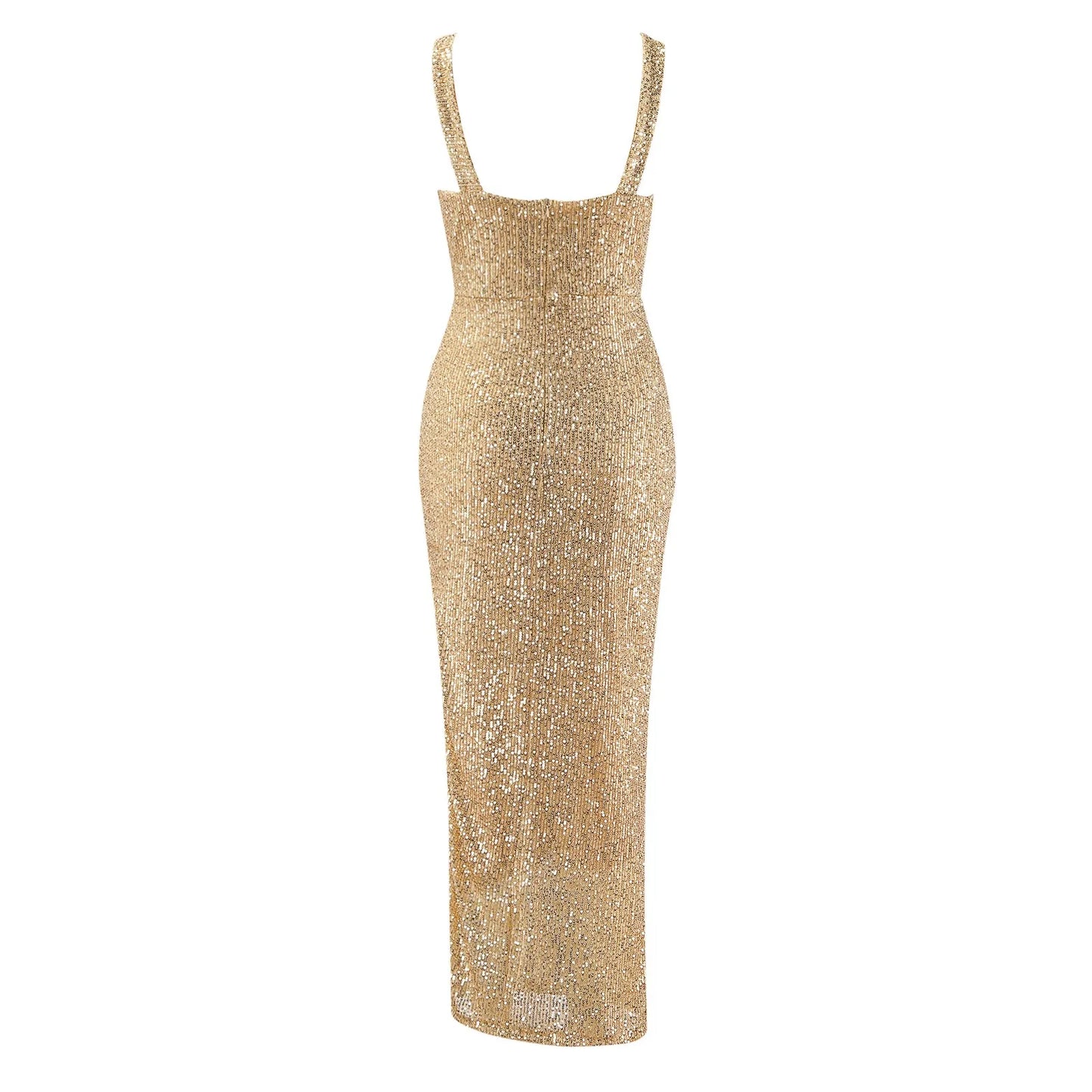 Macy Gold Sequins Bodycon Dress Halter Strap U-Neck Zipper Party Club Prom Dress Women Fashion Shiny Sleeveless Splice Elegant Dress
