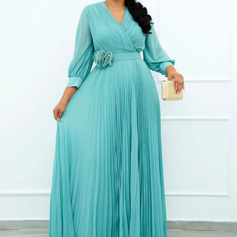 Amay Women Plus Size Lantern Long Sleeve Long Dress Fashion Elegant Solid Color V Neck Belt High Waist Ruched Evening Birthday Party
