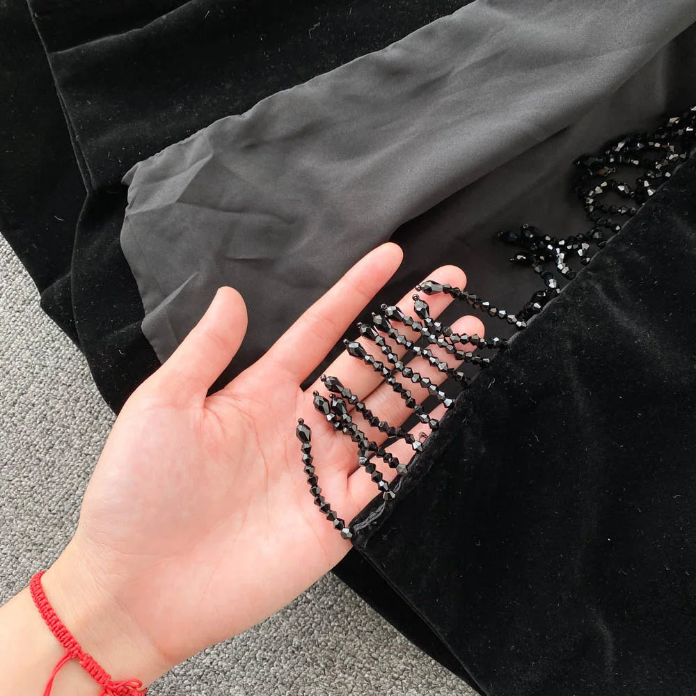 Maxy Autumn Winter Women Black Velvet Dress Vintage Bling Tassel Notched Collar Suit Coat Trench Party Dress