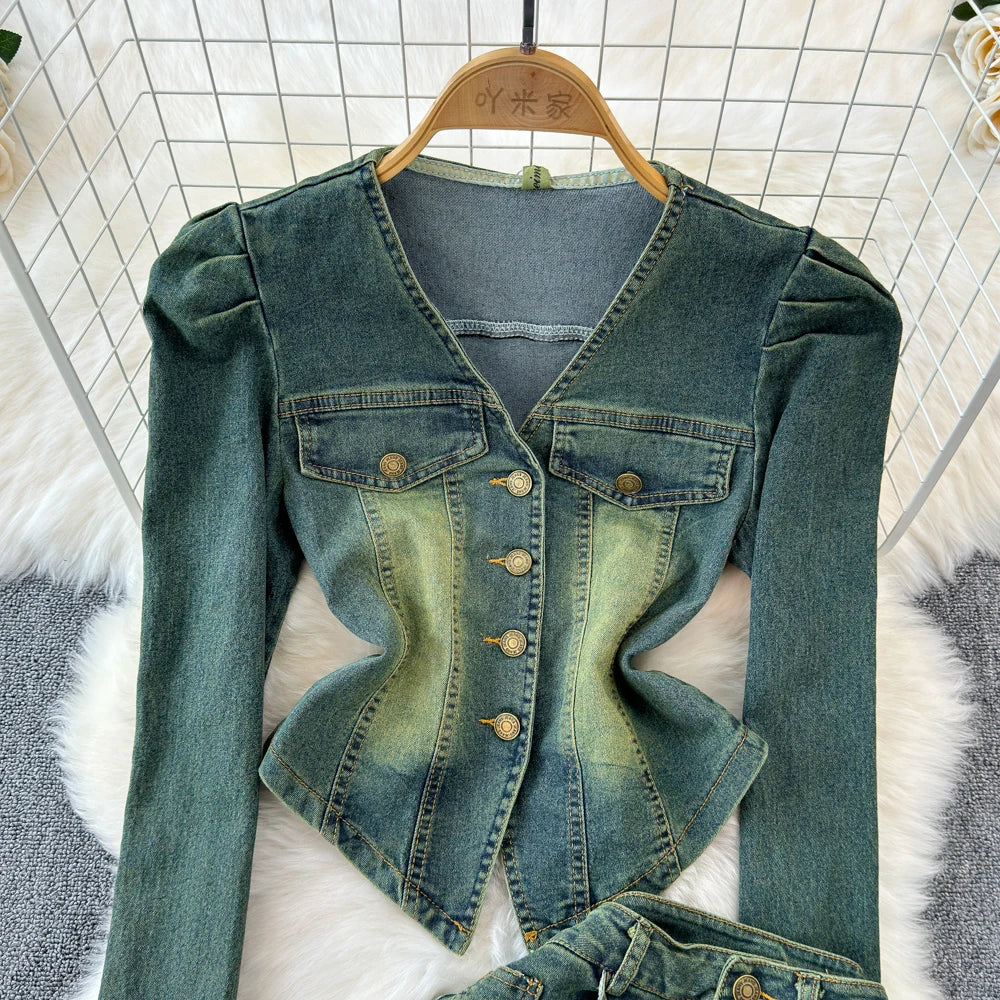 Amay Women's Long-sleeved Denim Set Korean Version V-neck Single-breasted Jeans Jacket + Casual High-waiste Straight Pants