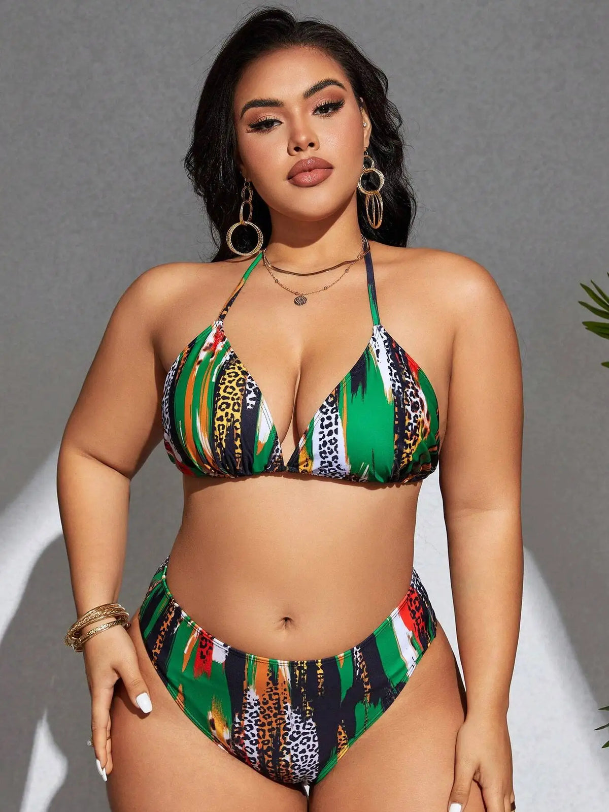 Maxy Vibrant Leopard and Color block 3-Piece Plus Size Tankini Set For Beach Summer Festival Wear