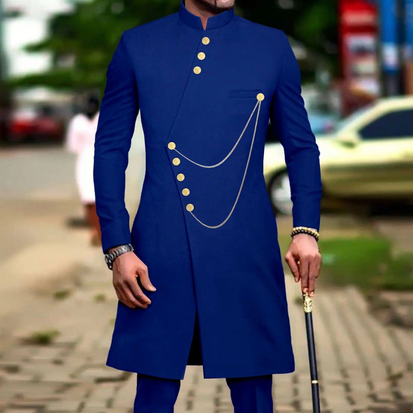 Maxy Men`s Suit African Clothes Dashiki Single Breasted Long Jackets and Pants 2 Piece Set Slim Fit Formal Outfits Coats A2316014