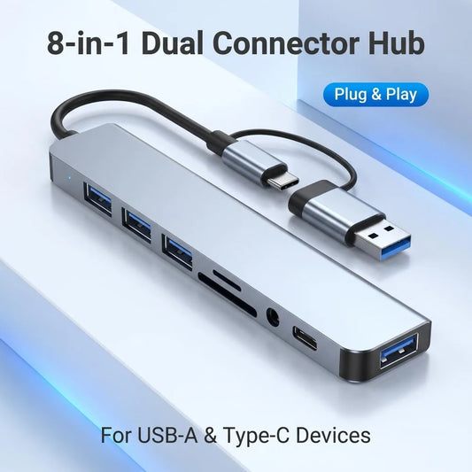 8 in 2 Type C USB HUB Docking Station with 3.5mm Audio Jack for Micro SD Card Reader MacBook Laptop Tablet Phone Disk Converter