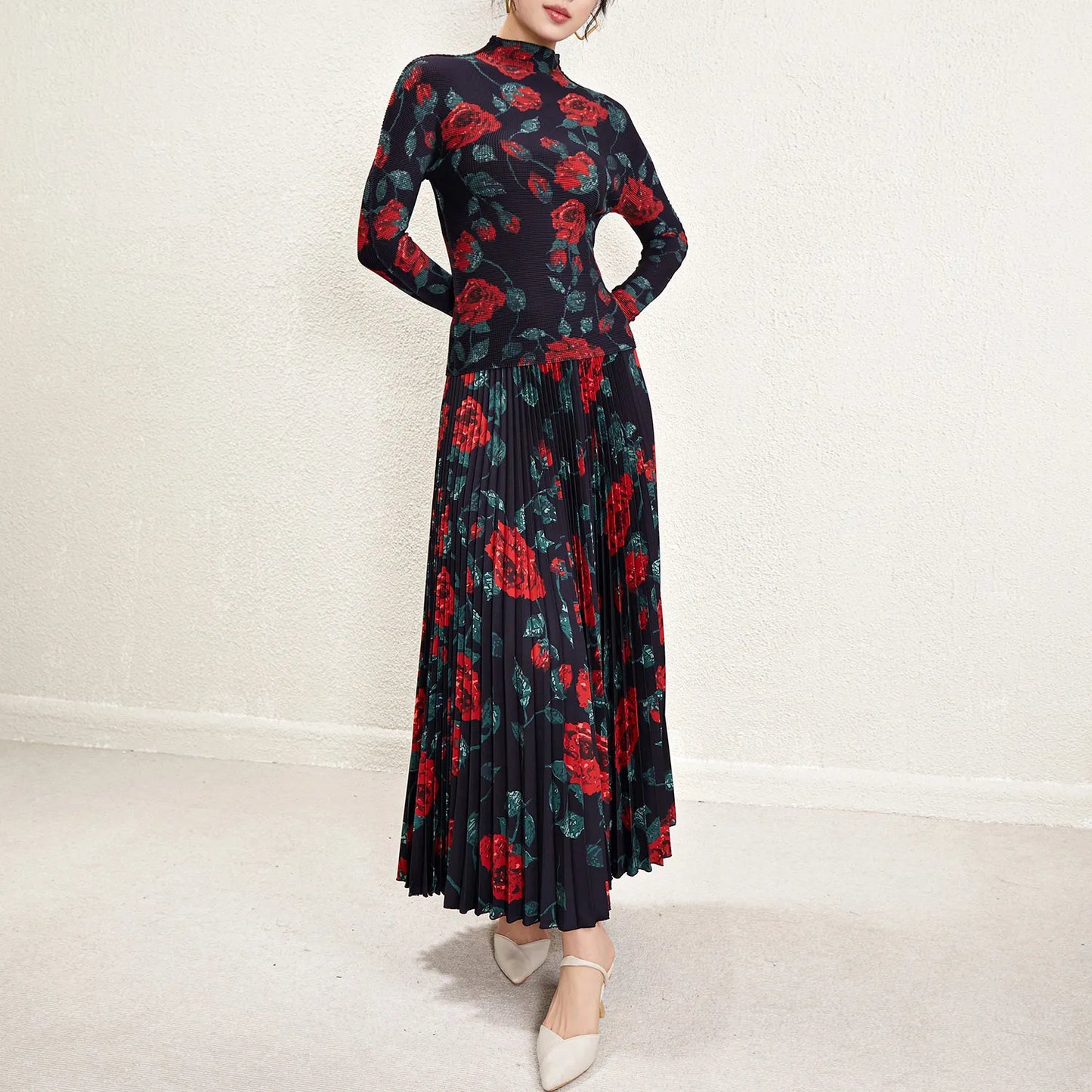 Maxy Momoka printed stretch top and long pleated skirt casual one size accept customized skirt two piece set