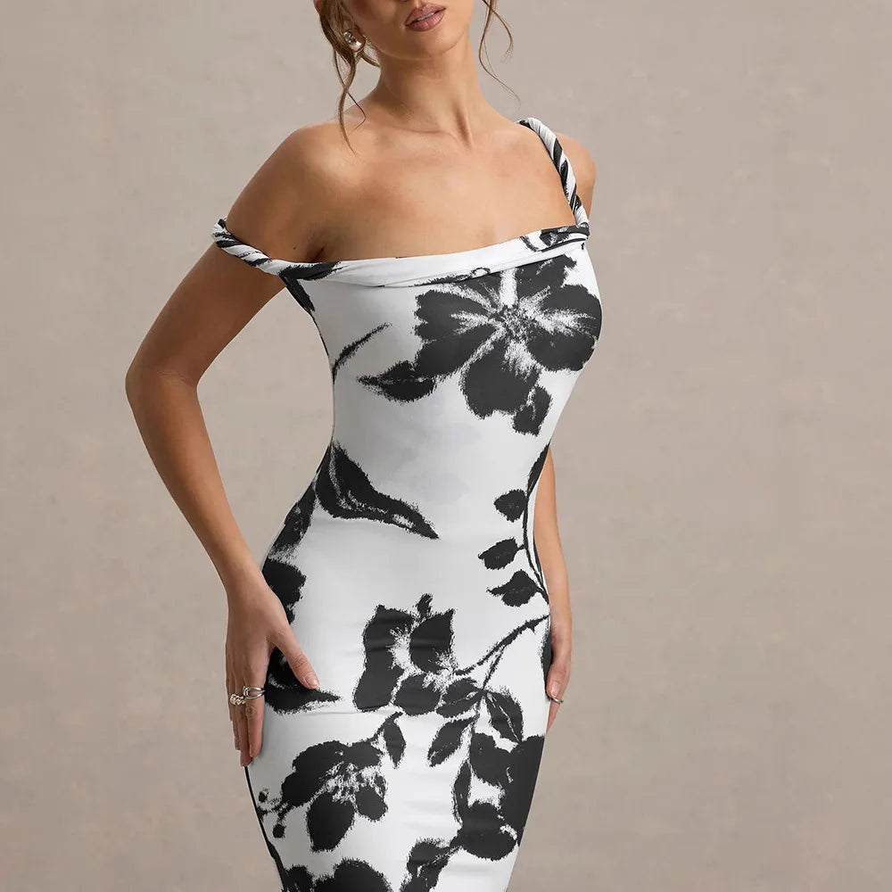 Dress Women Leopard Print Twist Knot Straps Dresses Spring Summer Off Shoulder Slim Fit Bodycon Evening Party Maxi Gown