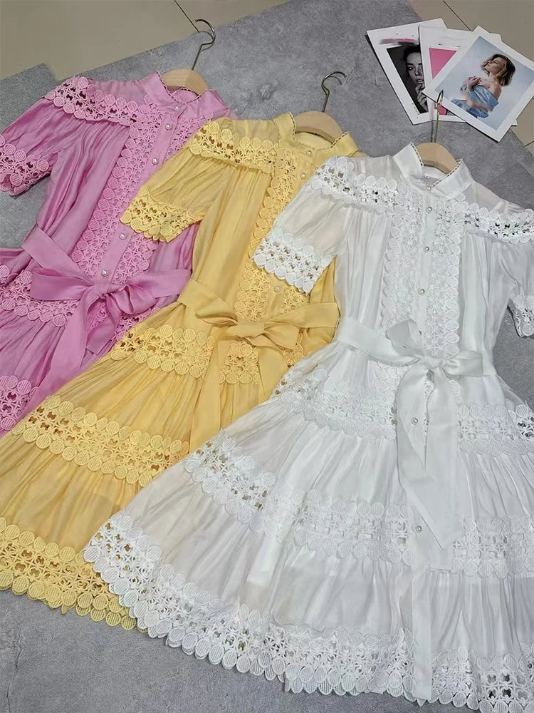 Maxy summer women's new ladies stand collar hollow single-breasted short-sleeved dress with high waist and short A-line skirt.