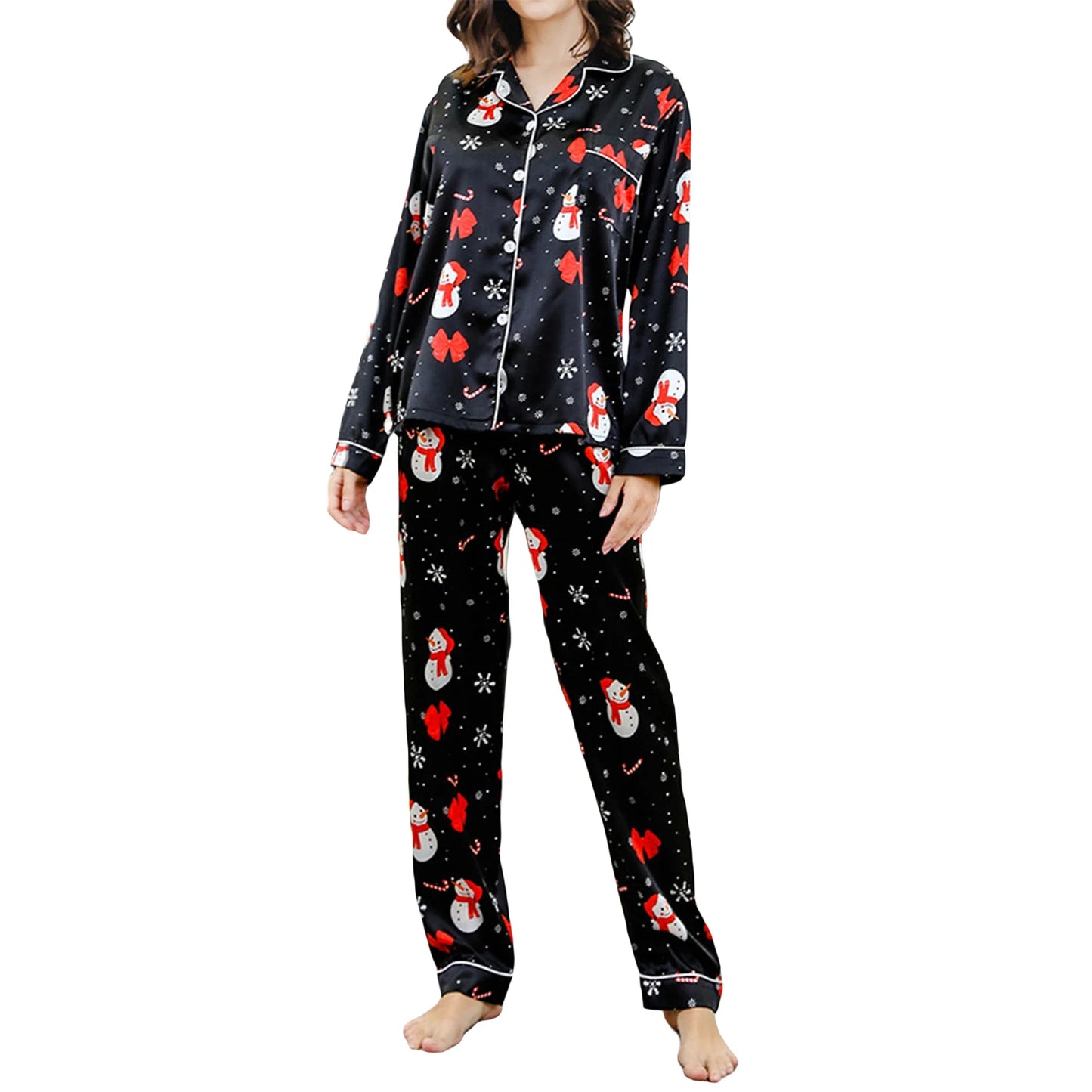 Maxy Autumn Women Pajamas Set Print Christmas Sleepwear 2Pcs Red Buttons Lapel Neck Shirt Tops + Elastic Waist Pants Sets Loungewear