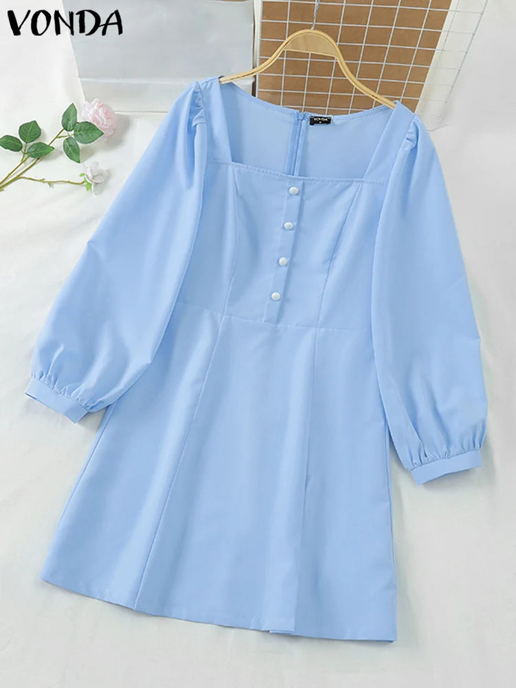 Maxy Casual Solid Color Square Collar Sundress French Style Women Mini Dress Lantern Sleeve Wrap Hip A-Line Robe