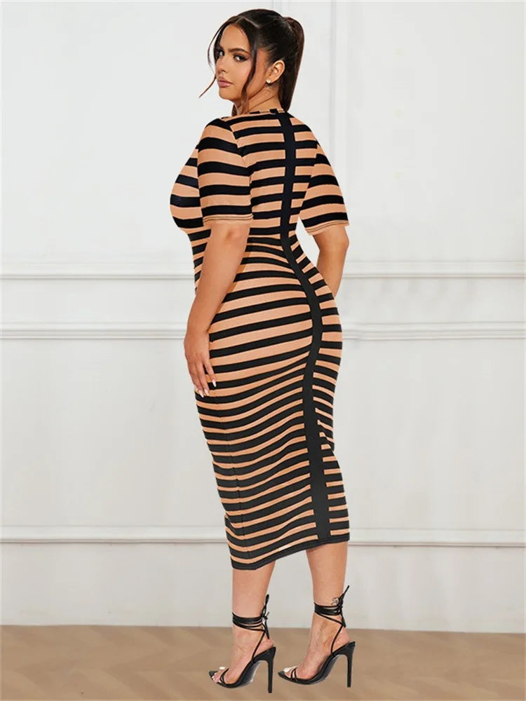 Wmstar Plus Size Dresses for Women Short Sleeve striped Maxi long Dress Bodycon Strech New in Summer Wholesale Dropshipping