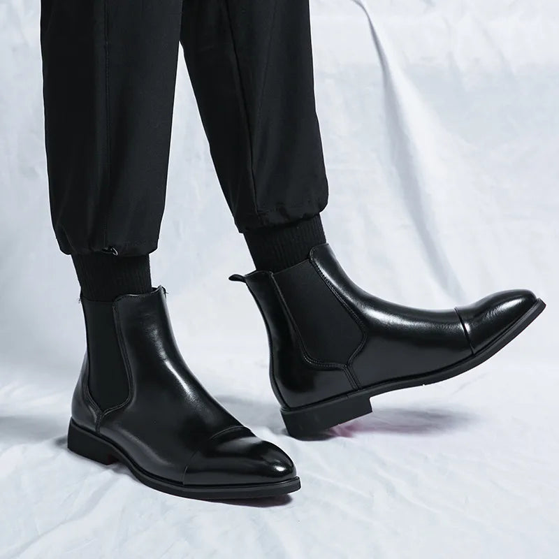 Visco Classic Black Men's Leather boots Comfortable High Top Pointed-Toe Slip-on Dress Shoes Man High-Quality Big Size 46 Chelsea boots