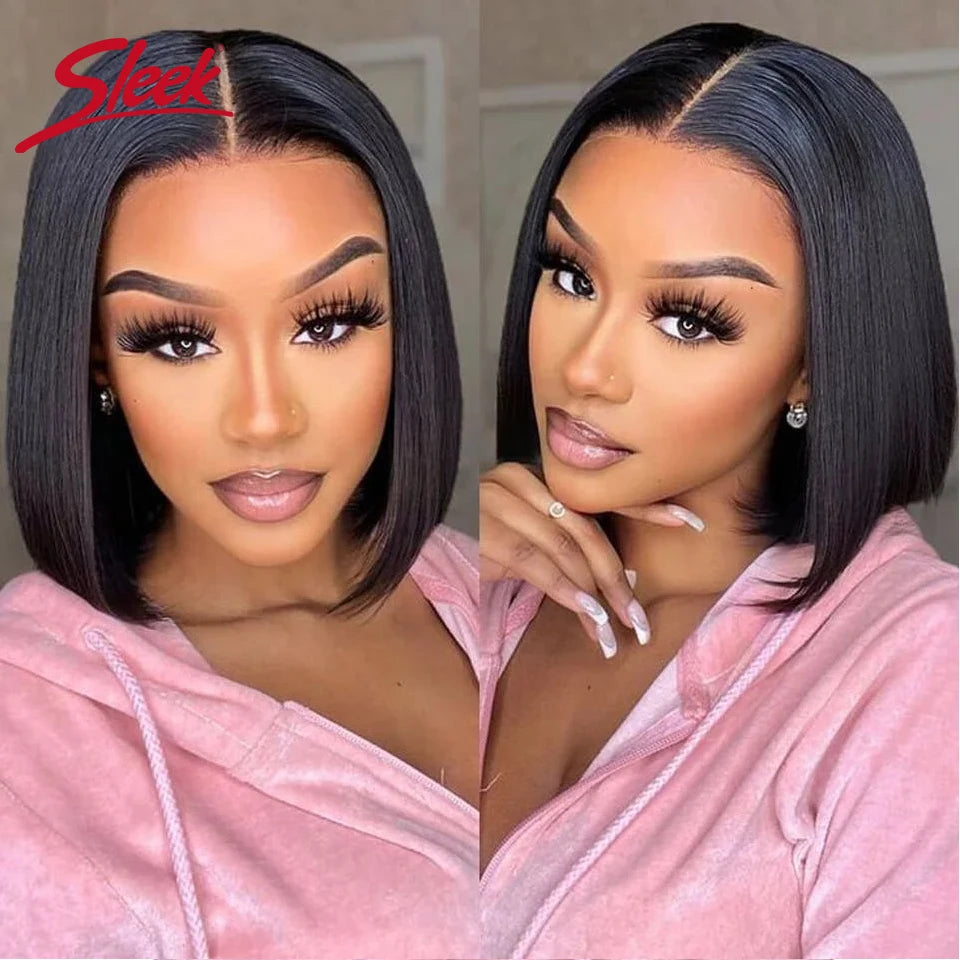 Babs Sleek Remy Brazilian Straight Lace Bob Wigs Short Lace Part Human Hair Wigs 200% Density Cheap Nature Black Dark Human Hair Wigs