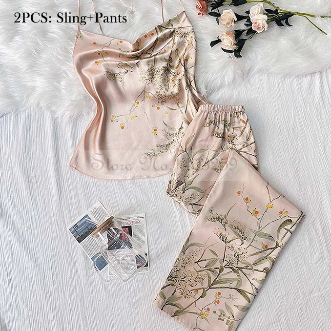 Max Four Pieces Pajamas Set Printed Little Cherry Sleepwear Women Satin Nightgown With Suspender Sling Shorts Summer Home Clothes