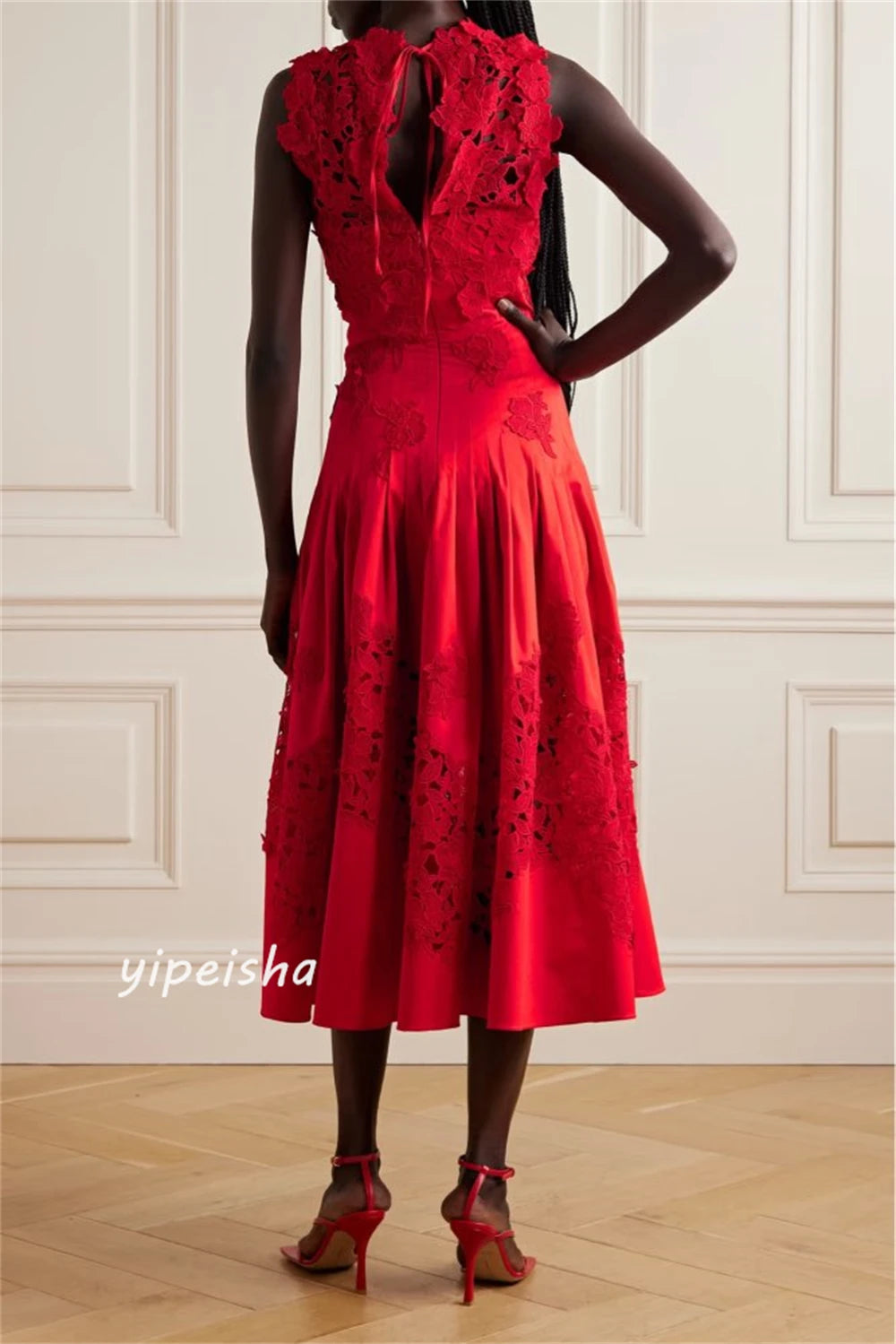 Maxy Customized Evening Jersey Pattern Sequined Ruched Birthday A-line High Collar Bespoke Occasion Gown Midi Dresses