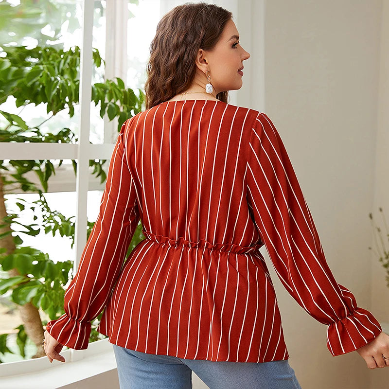 Maxy Women Plus Size Vintage Long Sleeve Tops Striped Print Wrap V-Neck Loose Ruffles Elastic Waist Peplum Blouses 3XL 4XL