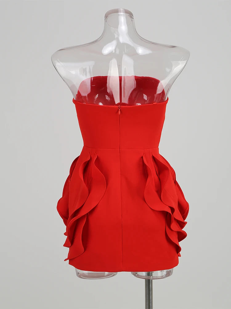 Maxy Sexy Strapless 3d Big Flower Evening Dress Red Birthday Dresses for Women Elegant Prom Gown Summer Fashion Party Outfits