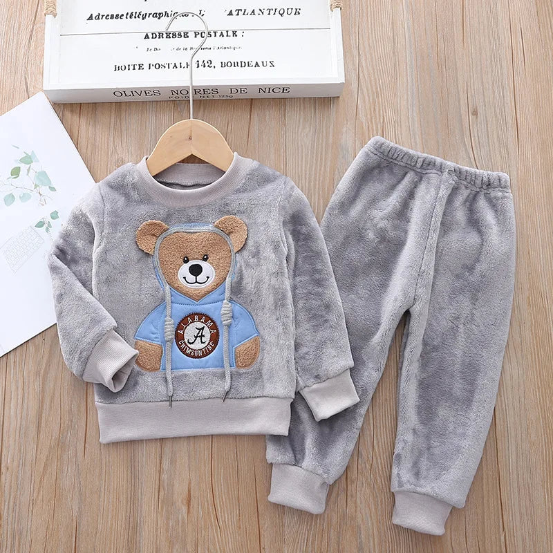 Babs Boy Clothing Set Autumn and Winter Velvet Thick Warm Casual Hooded Sweater Cartoon Cute Bear 3Pcs Toddler Girl Clothes Suit