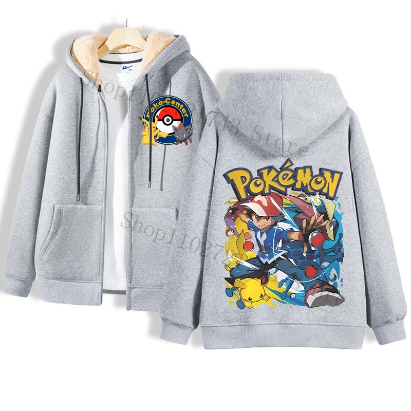 Maxy Pokémon Lamb Wool Coat for Men Women Pikachu Anime Cartoon Fashion Zipper Hooded Jacket Boys Girls Winter Warm Hip Hop Coats