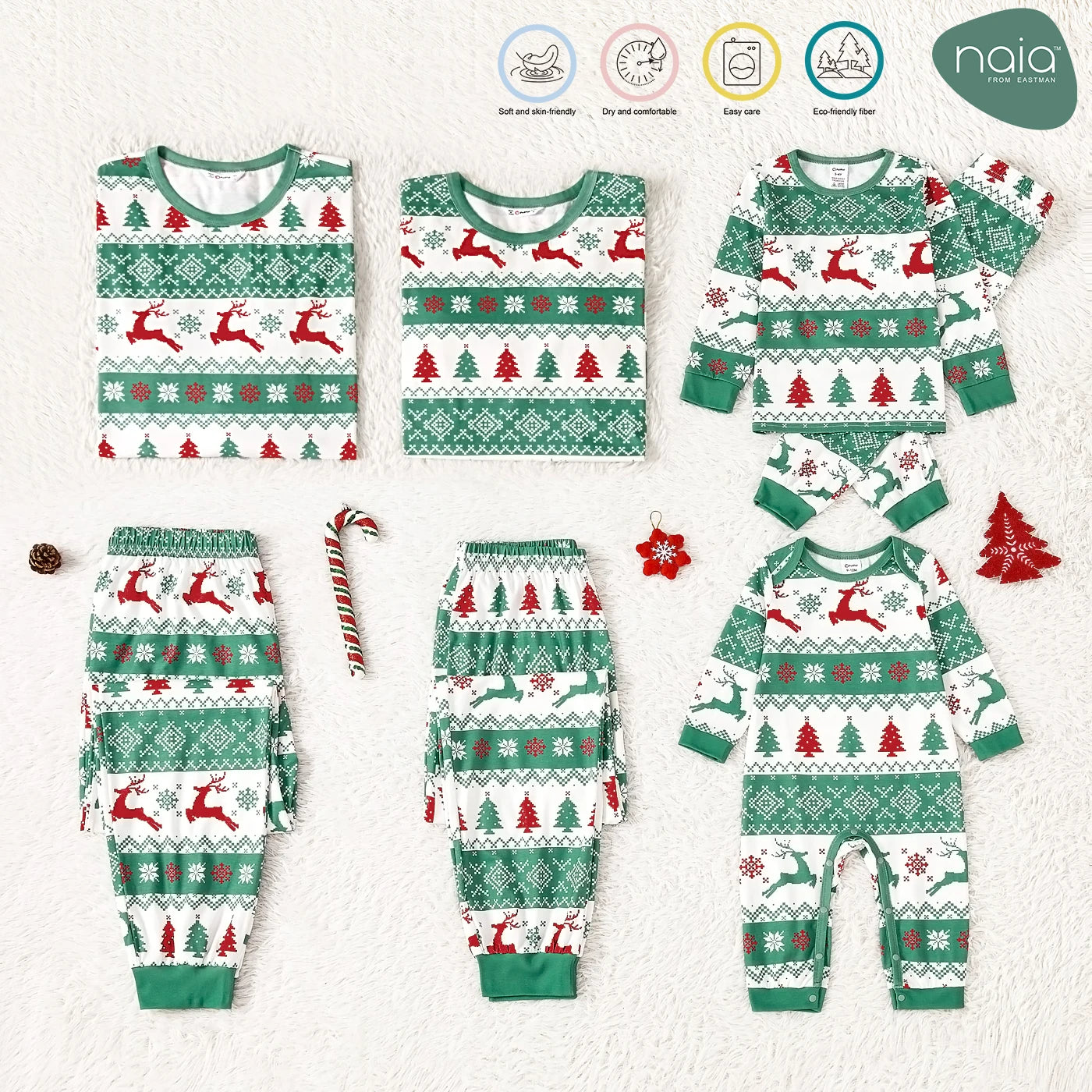 Maxy Pat Pat Christmas Family Matching Allover Xmas Tree & Reindeer Print Green Long-sleeve Pajamas Sets (Flame Resistant)