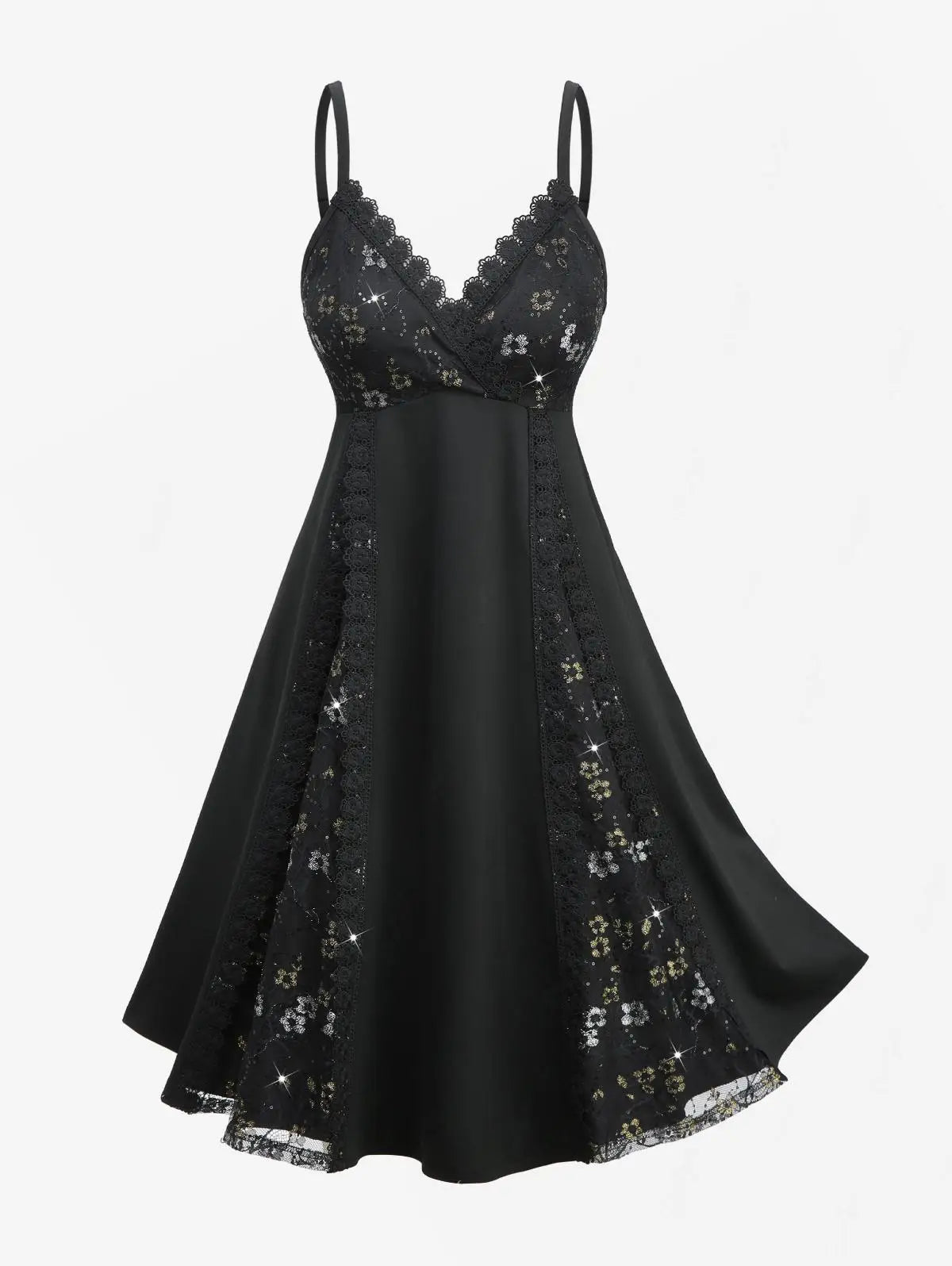 Maxy ROSEGAL Plus Size Gilding Floral Lace Sequins Patchwork Surplice Cami Dress Women's Black Sleeveless Elegant Evening Party Dress