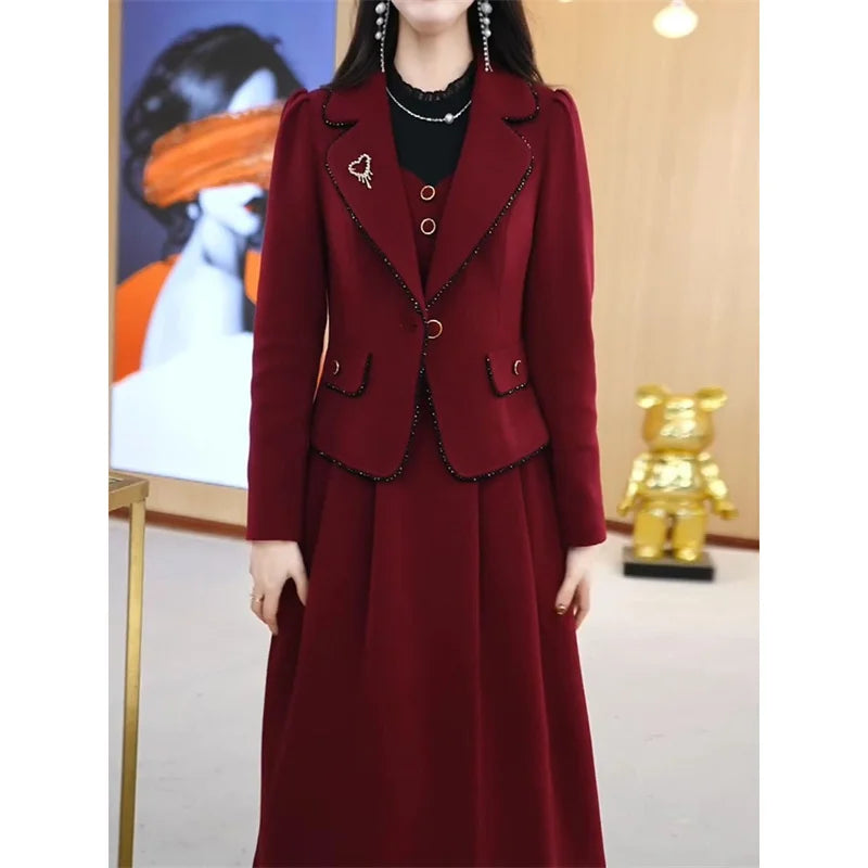 Maxy High End Suit Jacket Dress Two-piece Set Women Spring Autumn Winter New Advanced Red Blazer Coat Long Dress Female Outfit