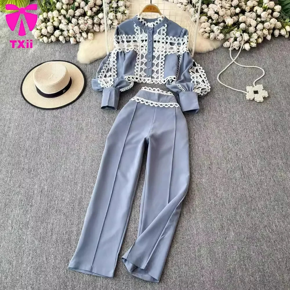 Maxy Vintage court style lantern long sleeve stand collar hollow lace top two-piece high waist temperament professional cropped pants