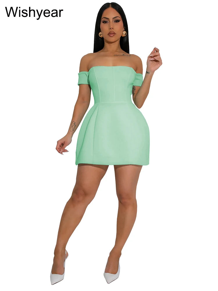 Maxy Wish year Solid Off Shoulder Backless Sleeveless A-Line Mini Dresses Elegant Sexy Bodycon Evening Party Birthday Prom
