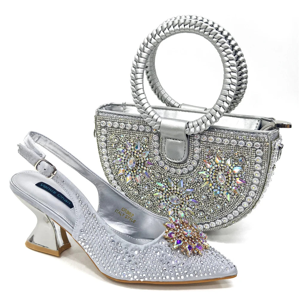 Visco Italian Design Fashion Luxury Women's Shoes and Purse Full Diamond Decoration Big Capacity Hand Bag