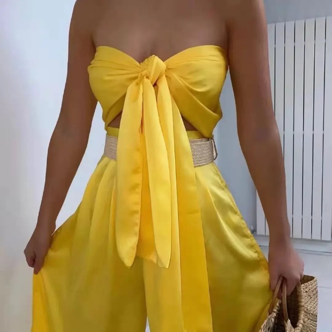 Maxy Sexy Satin Women Two Piece Set Summer Halter Tank Top and High Waist Wide Leg Pants Matching Sets Vintage Party Club Outfits