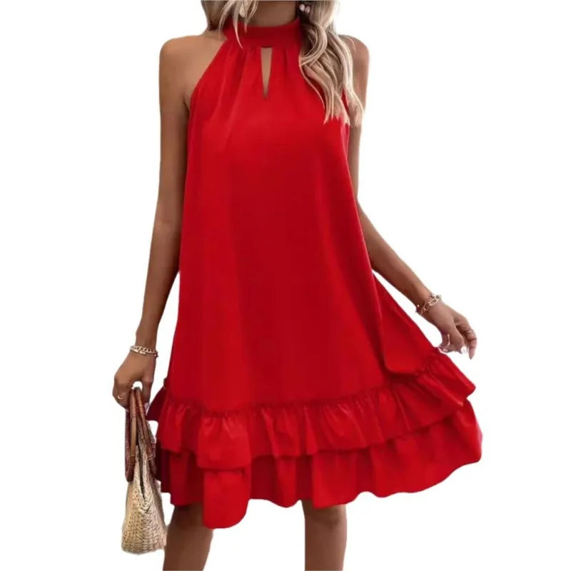 Summer New Solid Color Sleeveless Hanging Neck Series With Loose Ruffle Edge A-line Dress For Women's Fashion Midi Vestidos