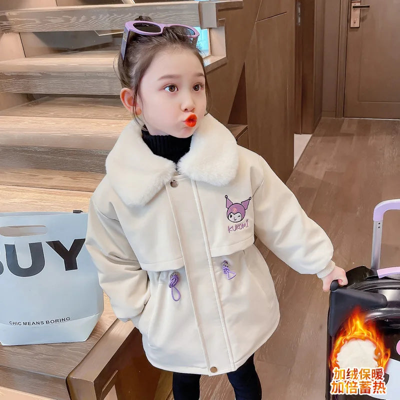 Sanrios Kuromi Anime Autumn Winter Coats Kid Velvet Thickened Pie Overcoming Cartoon Parka Jackets Girl Clothes Toddler Snowsuit