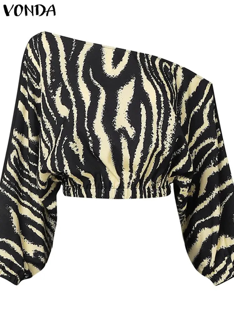 Maxy Plus Size Pant Sets Autumn Zebra-stripe Bohemian Printed 2PCS Long Sleeve Skew Collar Top and High Waist Pants Casual Sets
