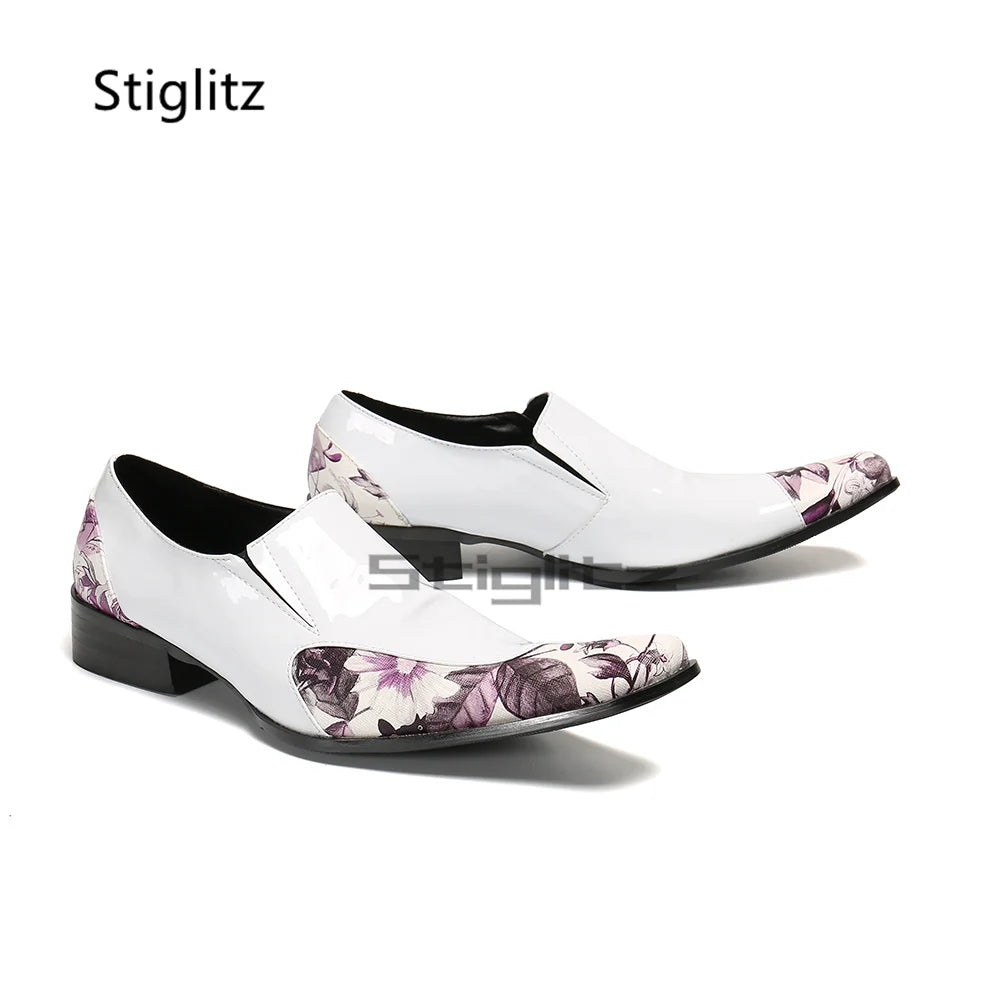 Visco Black White Men Dress Leather Shoes Small Square Toe Rhinestone Mixed Colors Prints Genuine Leather Party Banquet Business Shoes