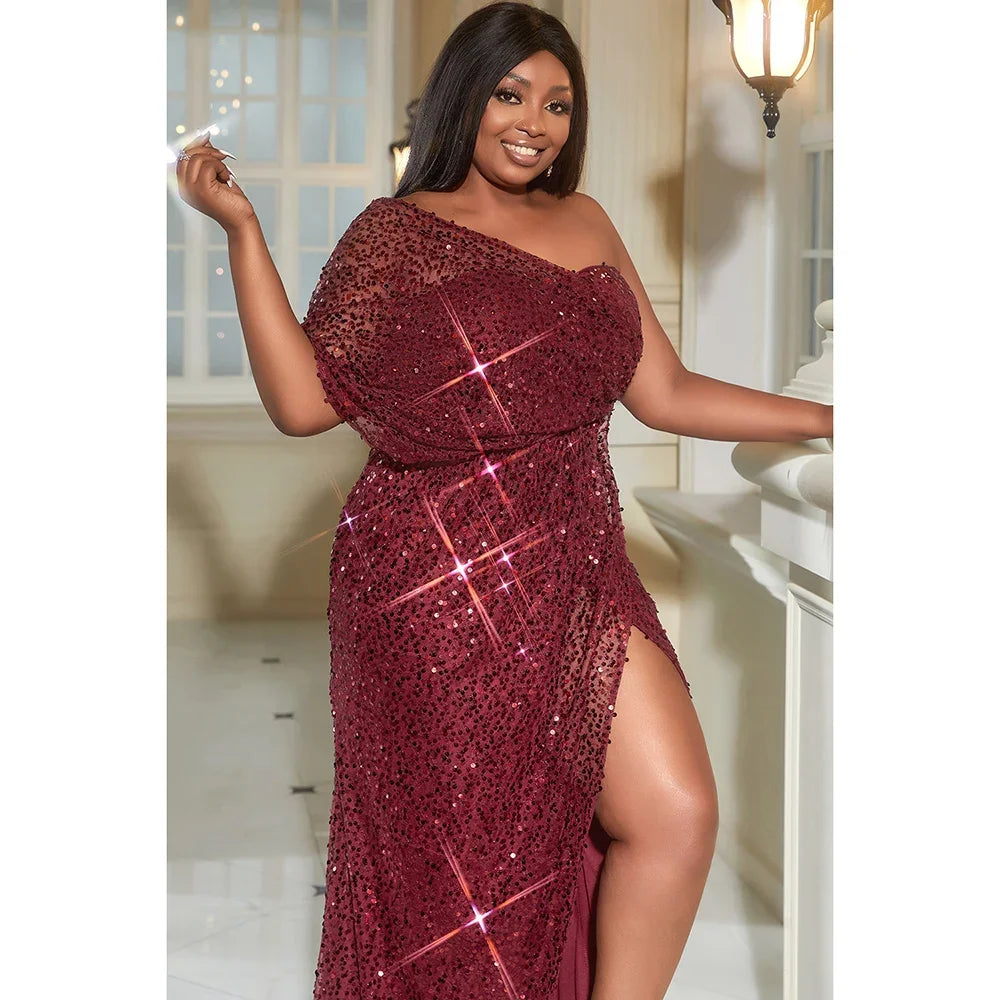 Maxy Plus Size Burgundy Formal One Shoulder Backless High Split Irregular Sequin Christmas Dress Elegant Party Long Dress