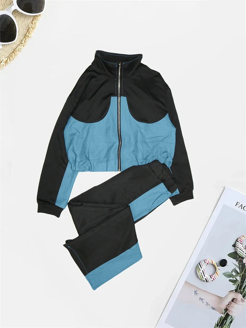 Maxy Autumn Winter Jean Patchwork Casual Women Two Piece Set Outfit Long Sleeve Zip Jacket Top and Pocket Sweatspants Joggings Femme