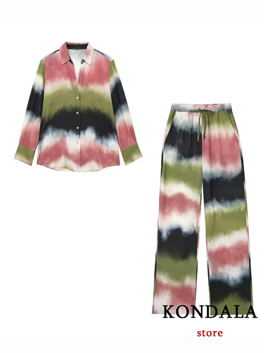 Maxy Vintage Oversized Casual Tie Dye Women Suit Fashion Summer Long Sleeve Chic Shirts Long Wide Leg Pants Holiday Set