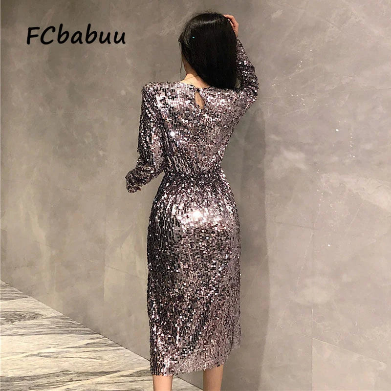 Maxy Silver Dresses for Women 2024 Sequin Long Sleeved Gown Party Celebrity Dress Slim Bodycon Streetwear Prom Outfits