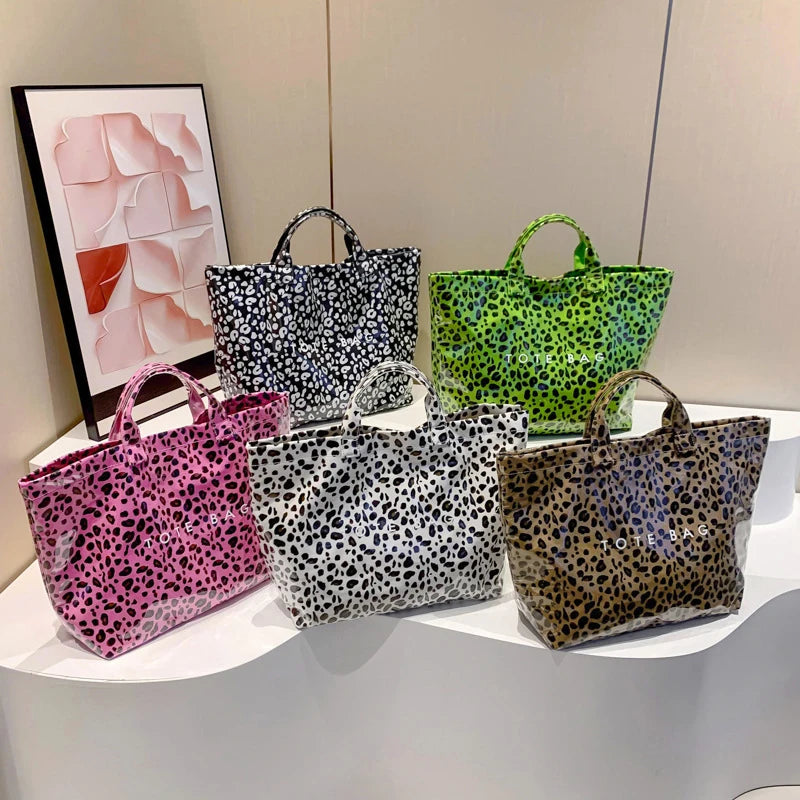 Maxy New Leopard Print Handbag, Fashion Large Capacity PVC Tote Bag,Women's Casual Shopping Letter Print Top Handle Hand Bag