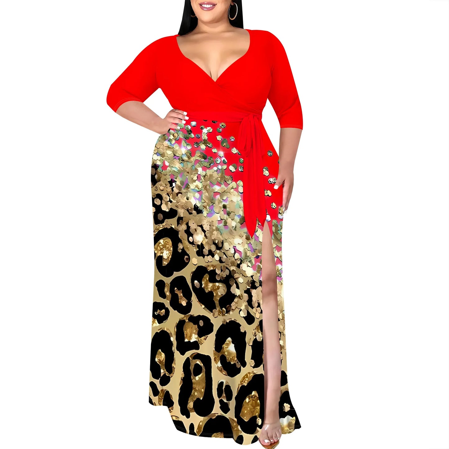 Maxy Plus Size V-Neck Wrap Dress with Gold Leopard Print Split Hem Elegant Party Dress for Women