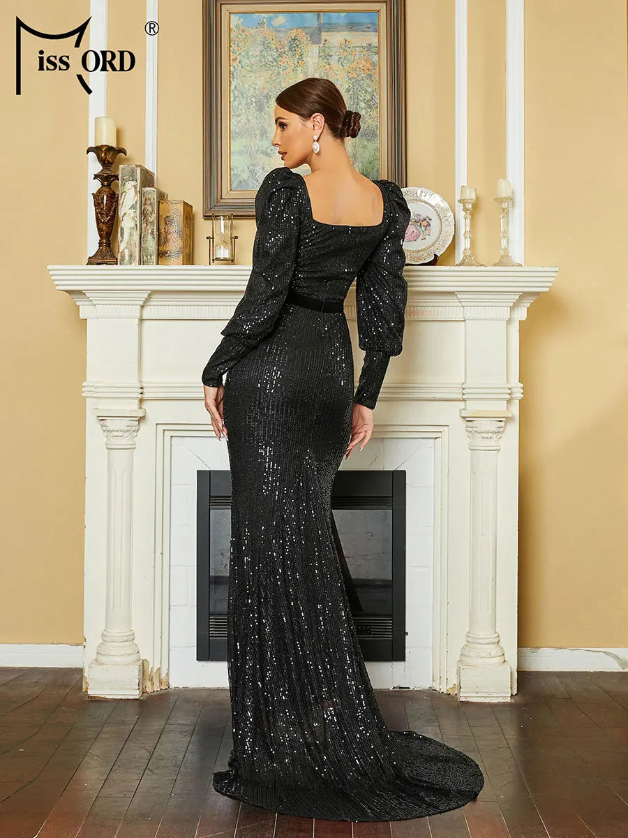 Amay Black Sequin Mermaid Evening Dress Women Elegant Lantern Sleeve Belted Bodycon Maxy Party Prom Dresses Long Gown